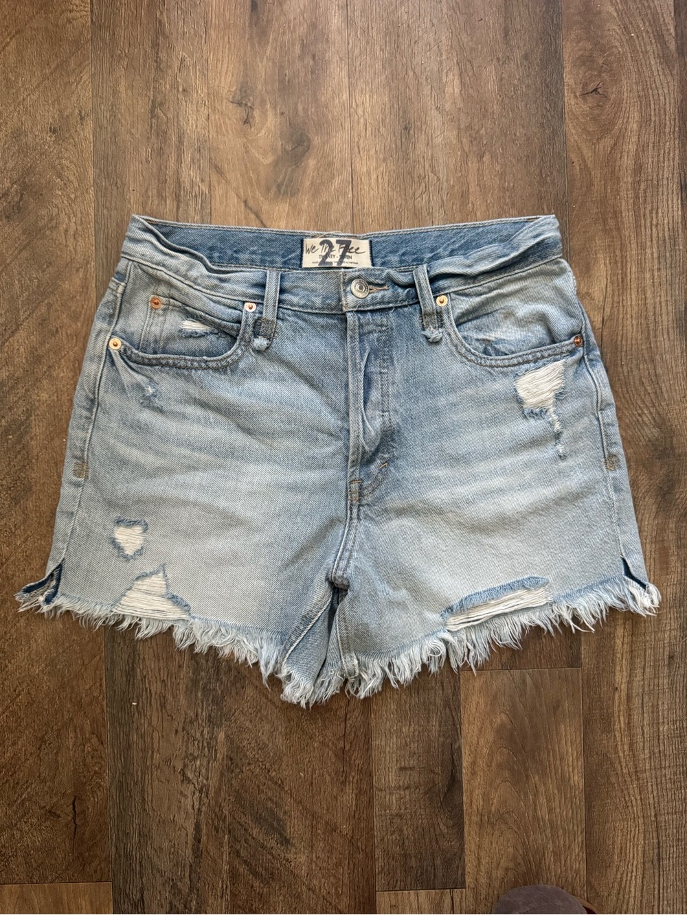 We The Free Light Blue Distressed Frayed-Hem Jean Shorts